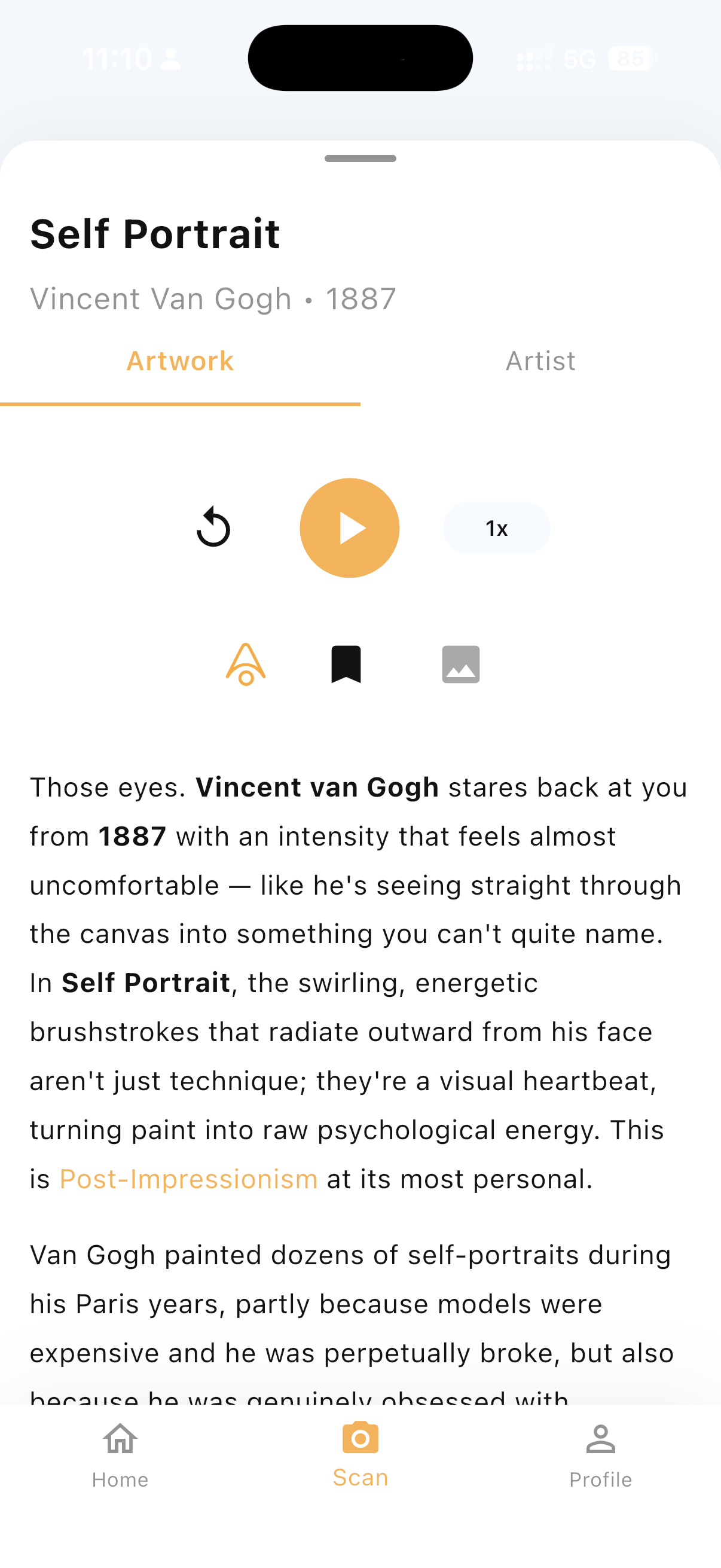 ArtSnap showing artwork description for Self Portrait by Vincent Van Gogh